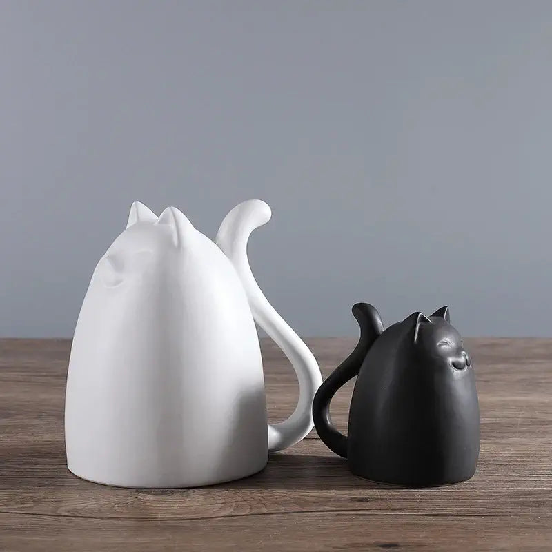 Statue Chat en Céramique Blanc et Noir