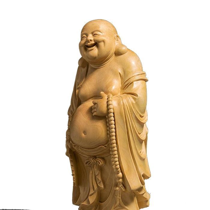 Statue Bouddha Rieur en Bois - Édition Signature