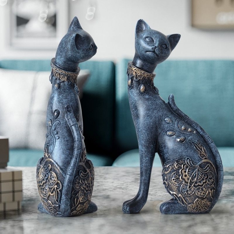 Statue Chat en Résine Bleue — Édition Premium