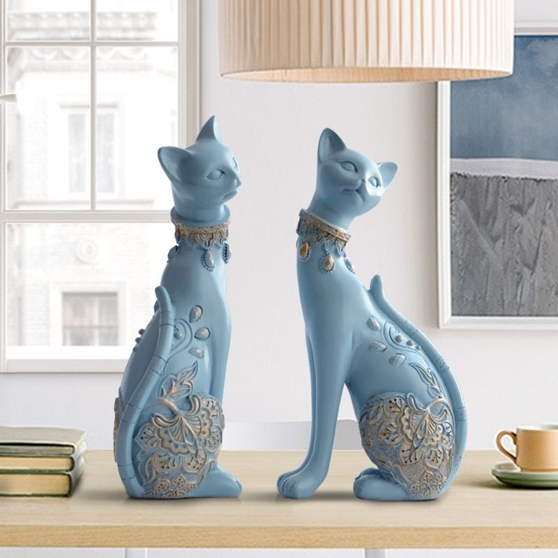 Statue Chat en Résine Bleu Clair - Édition Signature