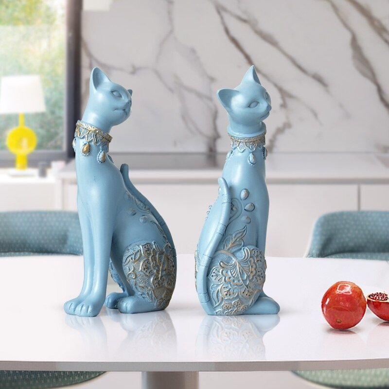 Statue Chat en Résine Bleu Clair - Édition Signature