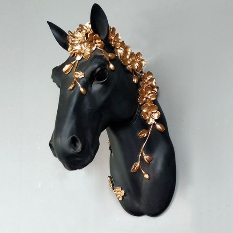 Statue Murale Cheval Noir – Édition Prestige