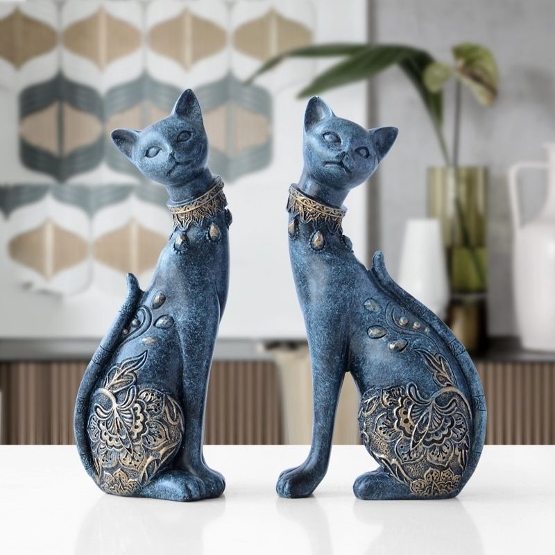 Statue Chat en Résine Bleue — Édition Premium