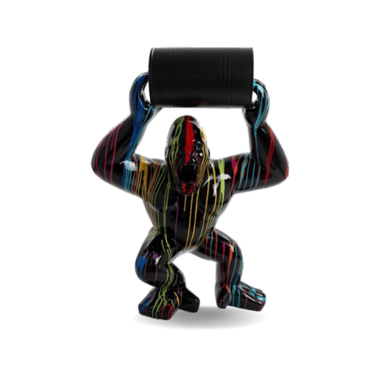 statue-gorille-avec-baril-noir-multicolore