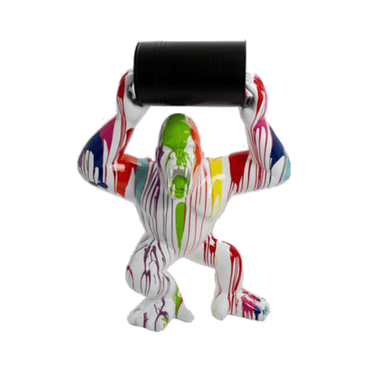 statue-gorille-avec-baril-blanc-multicolore